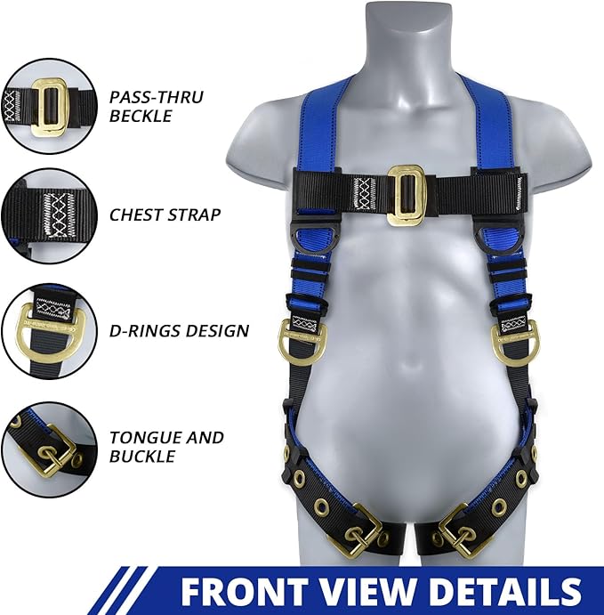 TRSMIMA Safety Harness Fall Protection - Men Full Body Construction Roofing Work Belt with 5 Point Adjustment Back D-Ring Grommet Legs ANSI