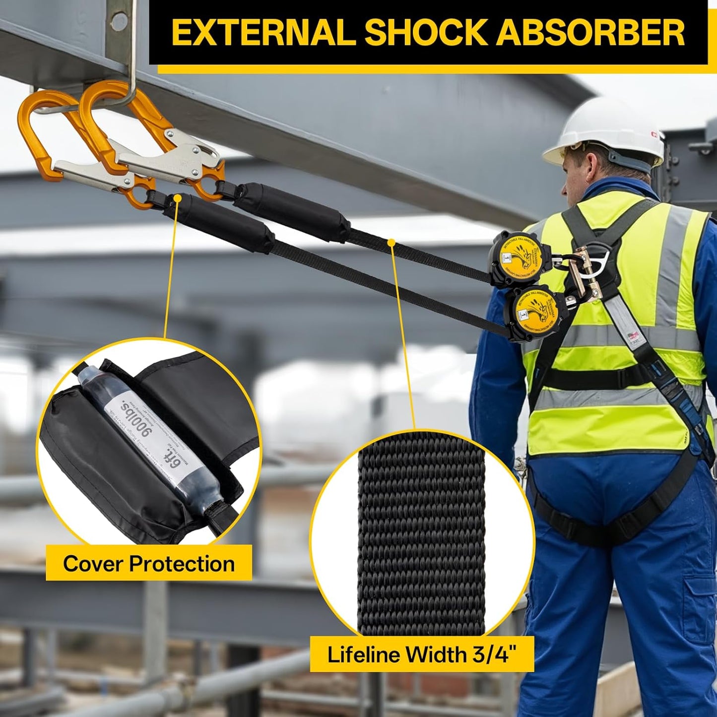 TRSMIMA Fall Protection Retractable Lanyard - 6FT Twin Leg SRL Self Retracting Lanyard for Roofing and Construction - Lightweight Webbing with Dual Aluminum Hooks