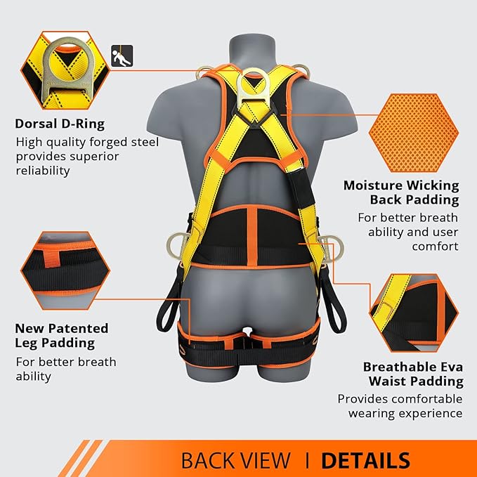 Safety Harness Fall Protection Upgrade 4 Quick Buckles Construction Full Body Harness with 6 Adjustment D-ring