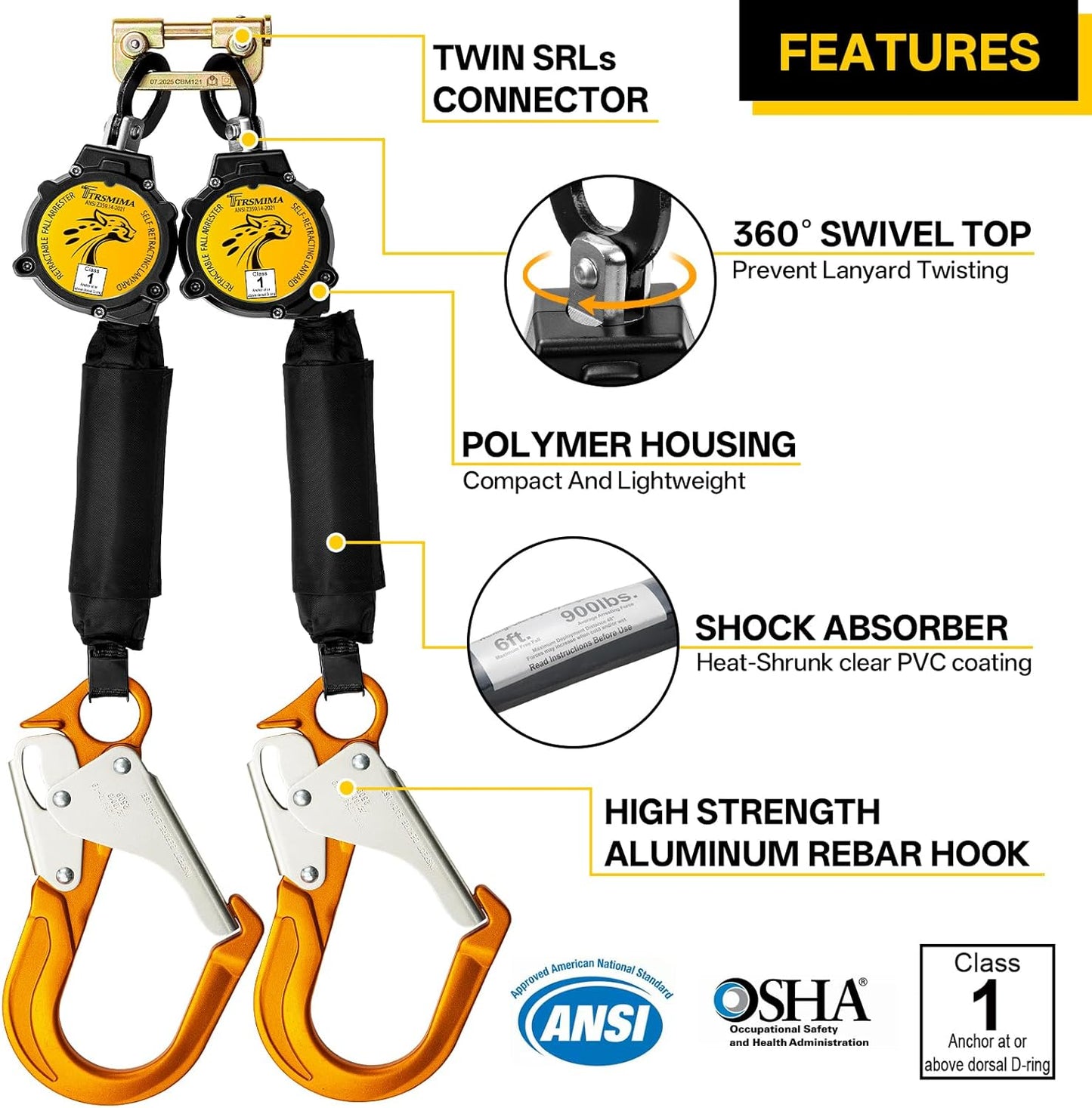 TRSMIMA Fall Protection Retractable Lanyard - 6FT Twin Leg SRL Self Retracting Lanyard for Roofing and Construction - Lightweight Webbing with Dual Aluminum Hooks