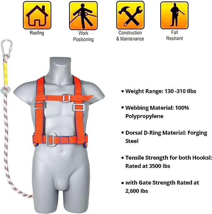 TRSMIMA Safety Harness Fall Protection - Half-Body Roofing Harness kit with 6 ft Lanyard and Padded Shoulder - ANSI Standard