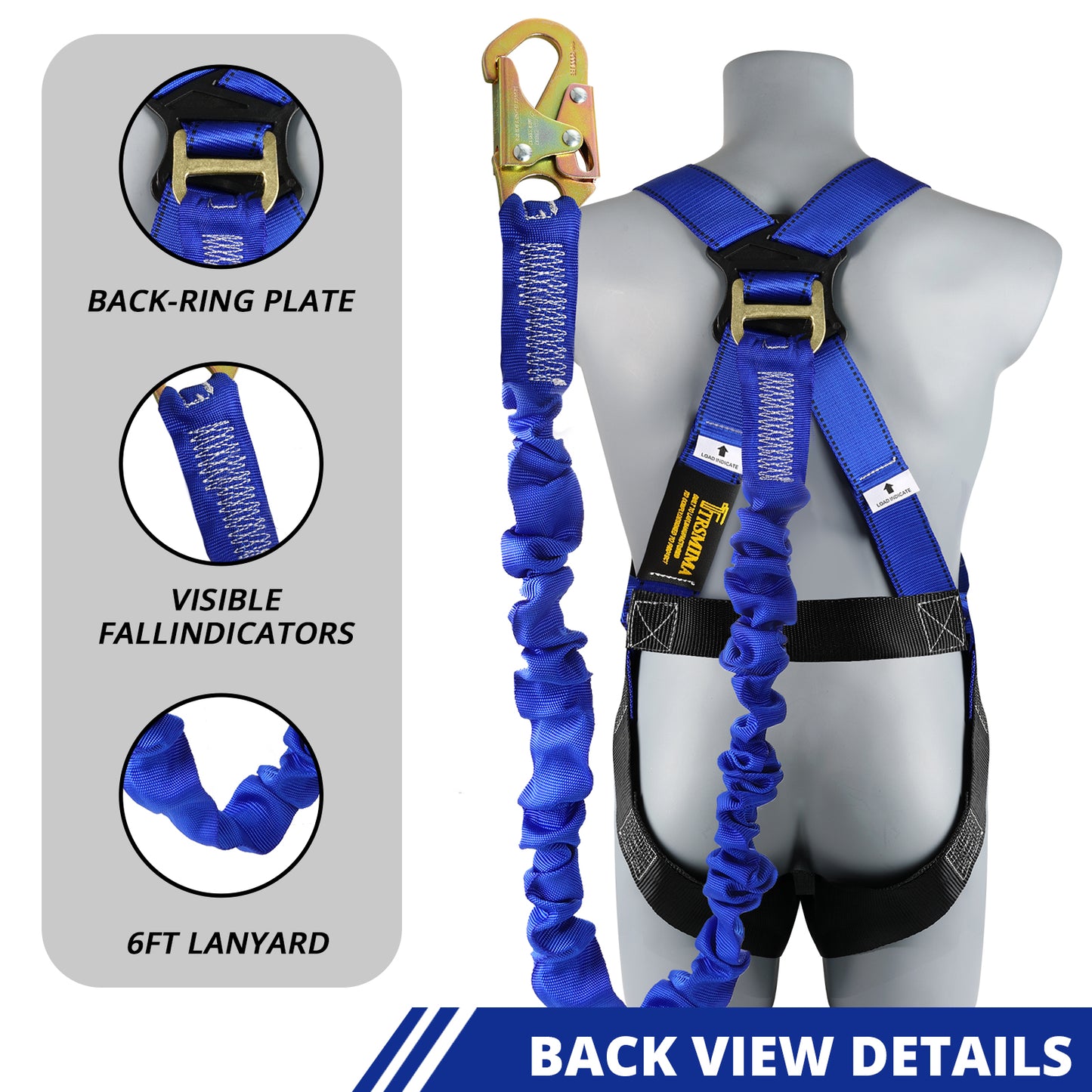 TRSMIMA Safety Harness Fall Protection - Full Body Construction Roofing Harness Kit Attached 6 ft Lanyard ANSI