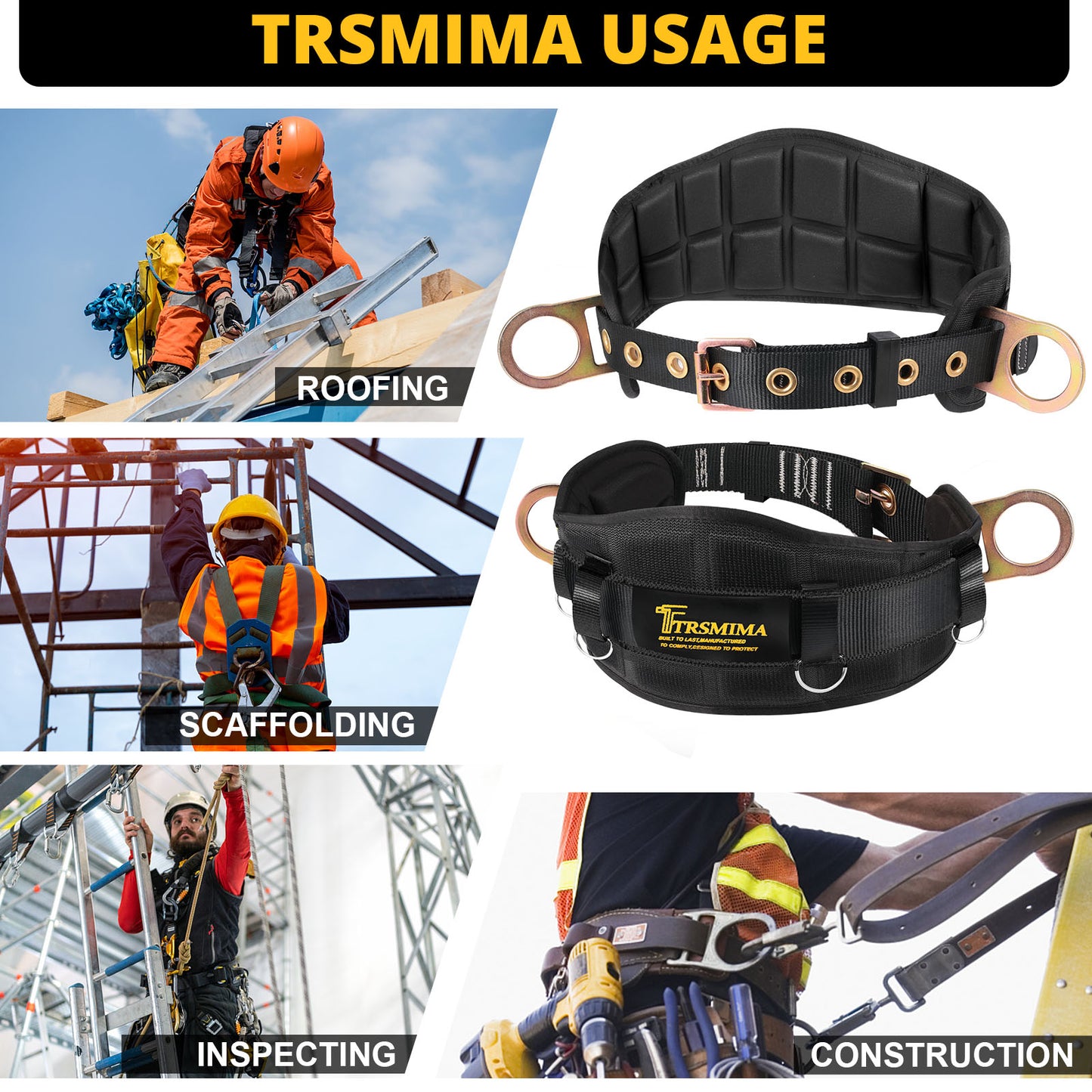 TRSMIMA Safety Harness Climbing Belt - Black Body Fall Protection Men Roof Tree Work Waist-Tongue Buckle Pad D-Ring