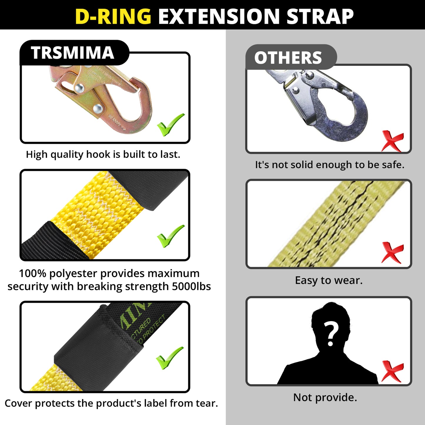 TRSMIMA Safety Harness Extension Lanyard - 18”D-ring Extender Fall Protection Arrest System with Snap Hook Connector Ring ANSI