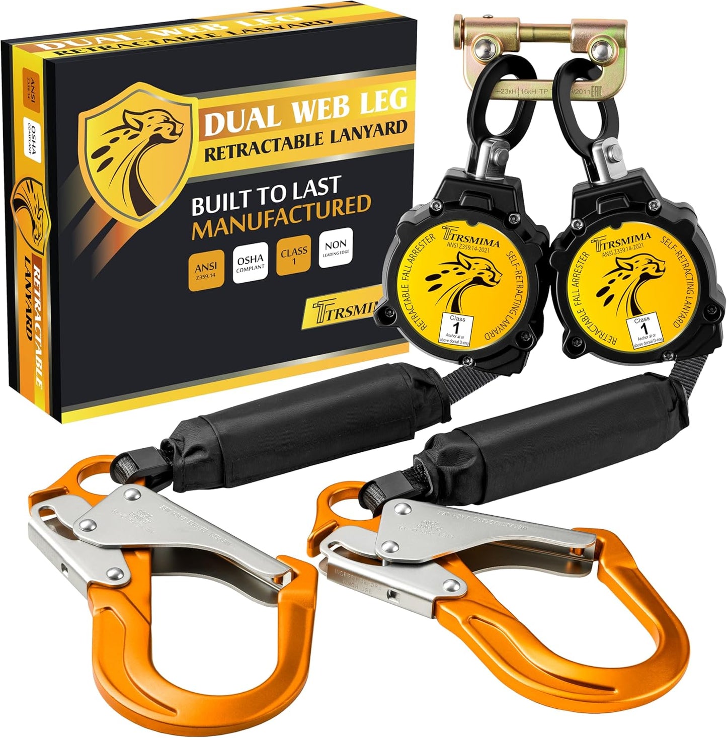 TRSMIMA Fall Protection Retractable Lanyard - 6FT Twin Leg SRL Self Retracting Lanyard for Roofing and Construction - Lightweight Webbing with Dual Aluminum Hooks