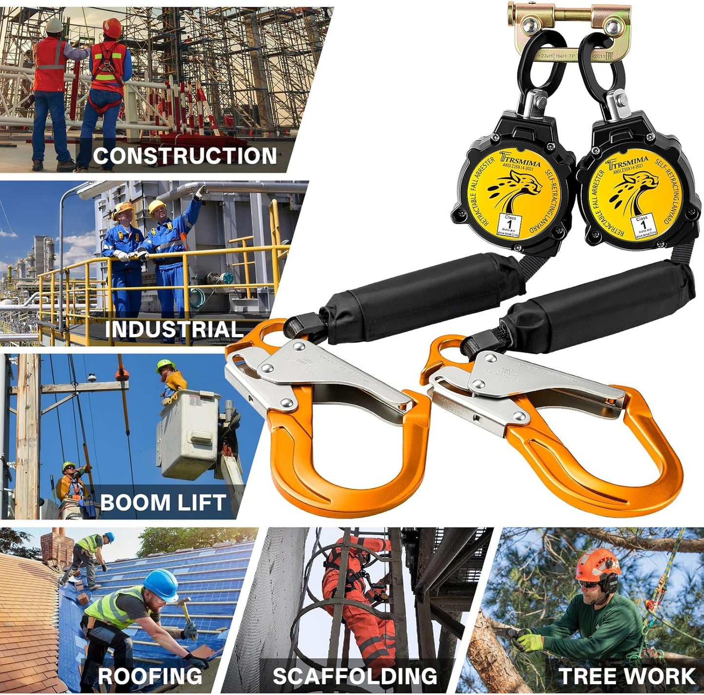 TRSMIMA Fall Protection Retractable Lanyard - 6FT Twin Leg SRL Self Retracting Lanyard for Roofing and Construction - Lightweight Webbing with Dual Aluminum Hooks