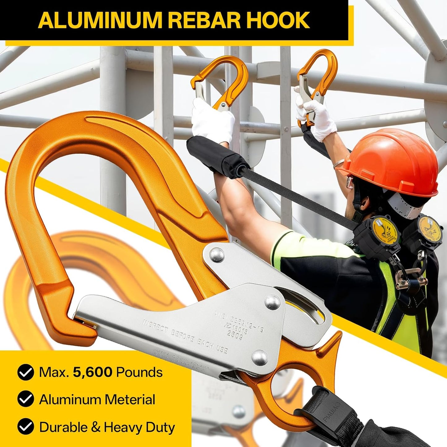 TRSMIMA Fall Protection Retractable Lanyard - 6FT Twin Leg SRL Self Retracting Lanyard for Roofing and Construction - Lightweight Webbing with Dual Aluminum Hooks