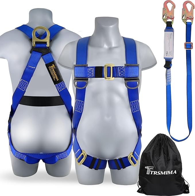 TRSMIMA Safety Harness Fall Protection - Roofing Full Body Construction Lanyard Kit Men Fall Arrest Work Tree Climbing Roofer D-ring ANSI
