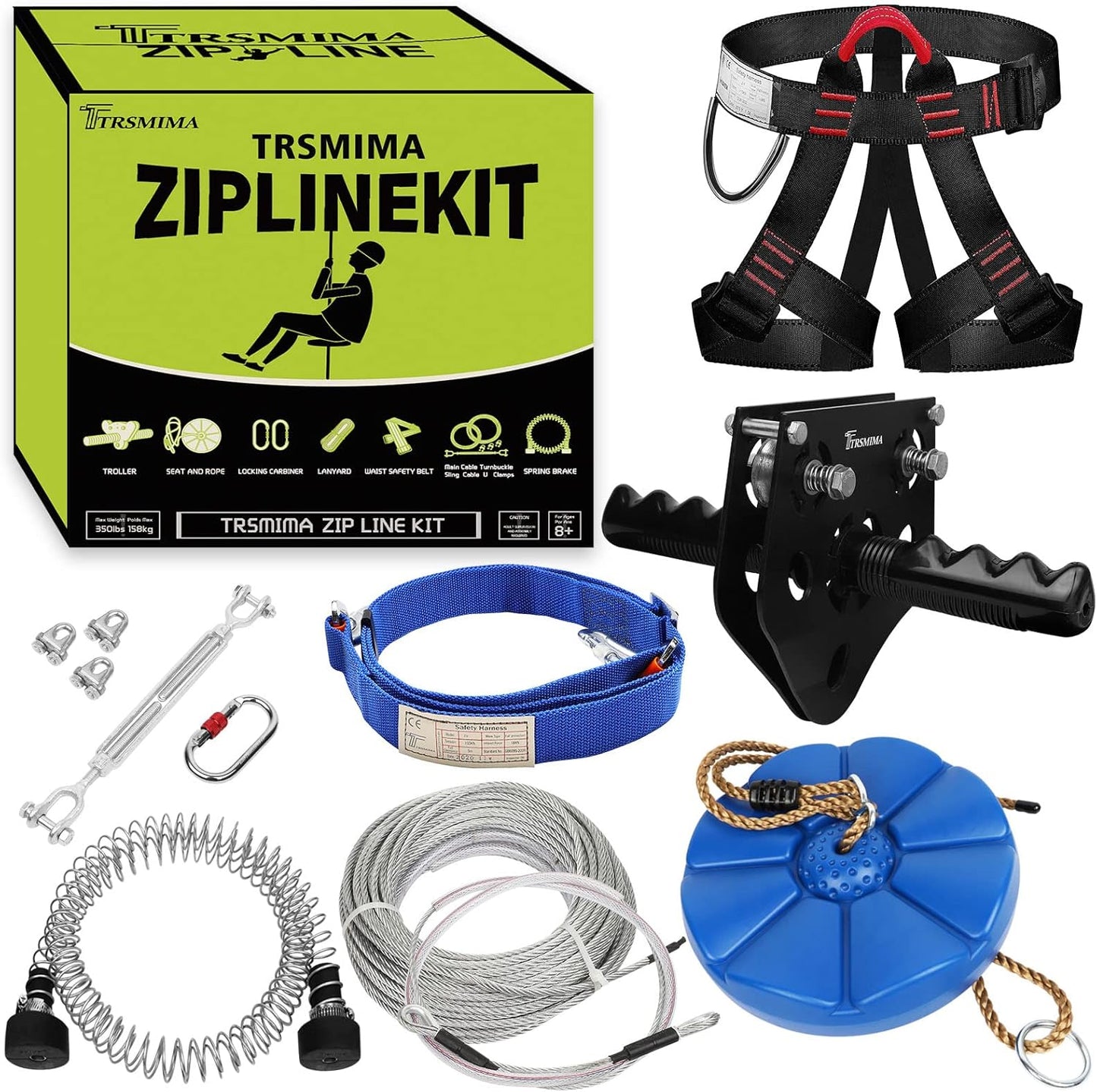 100 ft /120 ft /150 ft/180ft Zip Line Kit for Kids and Adult Up to 380 lb - Updated Removable Design Trolley and Thickened Seat, Rust Proof W/ Safety Harness - Zipline Kits for Backyard