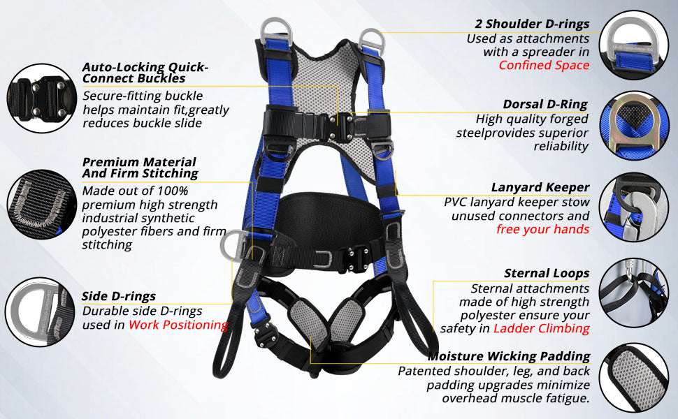 Safety Harness Fall Protection Upgrade 4 Quick Buckles Construction Full Body Harness with 6 Adjustment D-ring