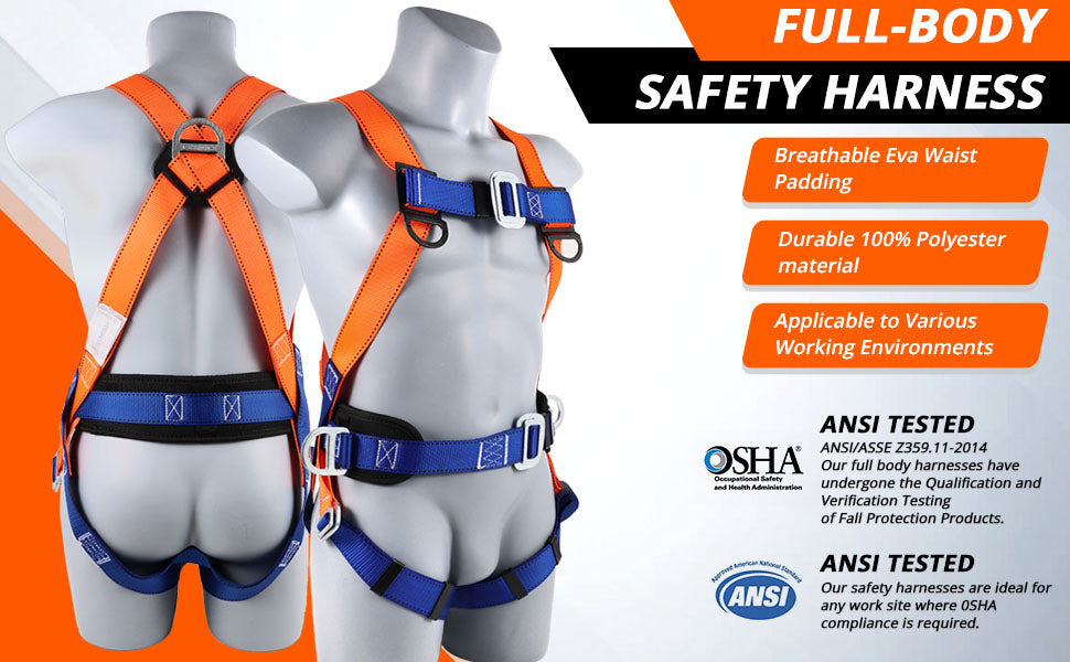 Safety Harness Fall Protection Kit: Full Body Roofing harnesses with Shock Absorbing Lanyard - Updated Comfortable Waist Pad