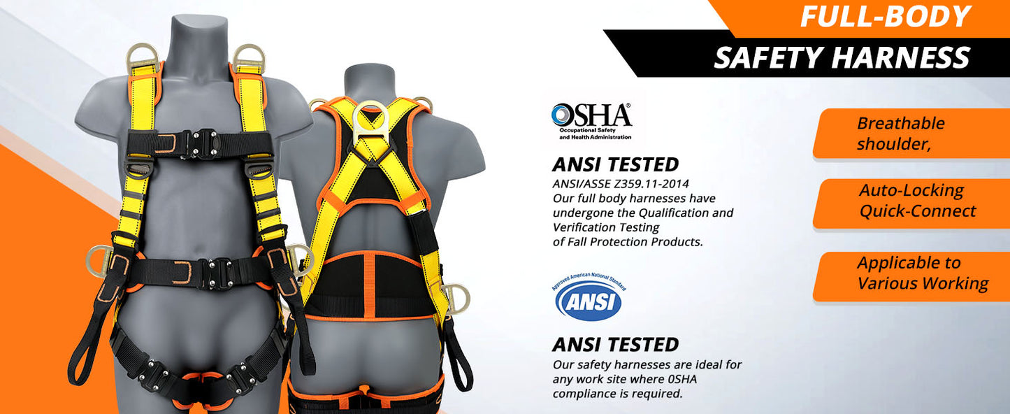 Safety Harness Fall Protection Upgrade 4 Quick Buckles Construction Full Body Harness with 6 Adjustment D-ring