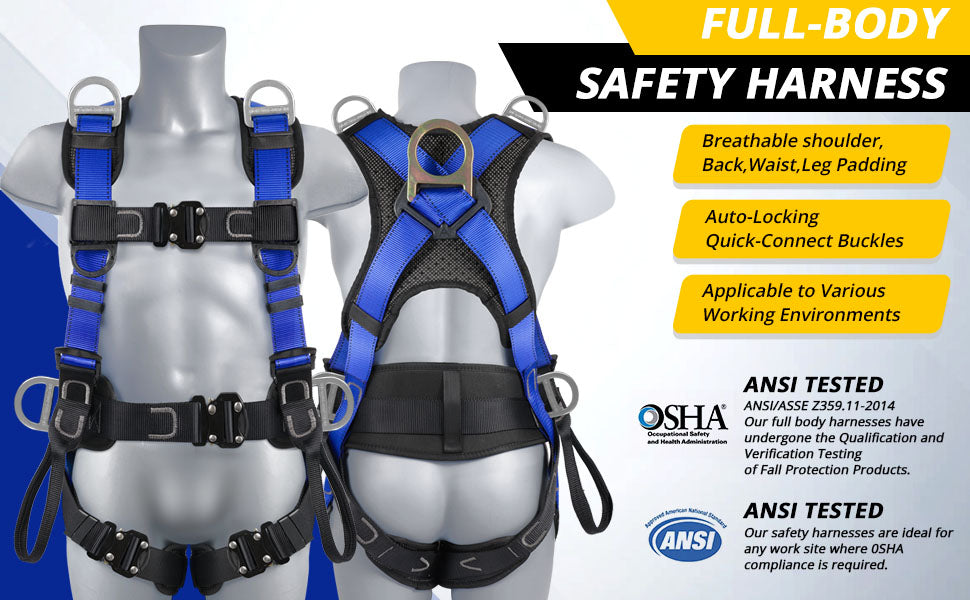 Safety Harness Fall Protection Upgrade 4 Quick Buckles Construction Full Body Harness with 6 Adjustment D-ring