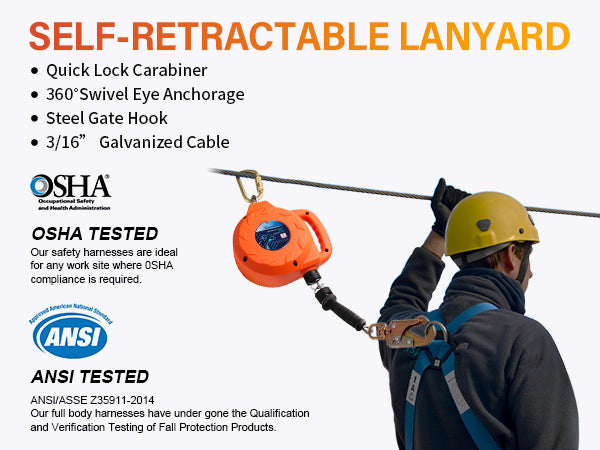 TRSMIMA Fall Protection Retractable Lanyard - 20ft/30ft Self-Retracting Fall Arrest Safety Construction Roofing Galvanized Steel Cable Swivel Top