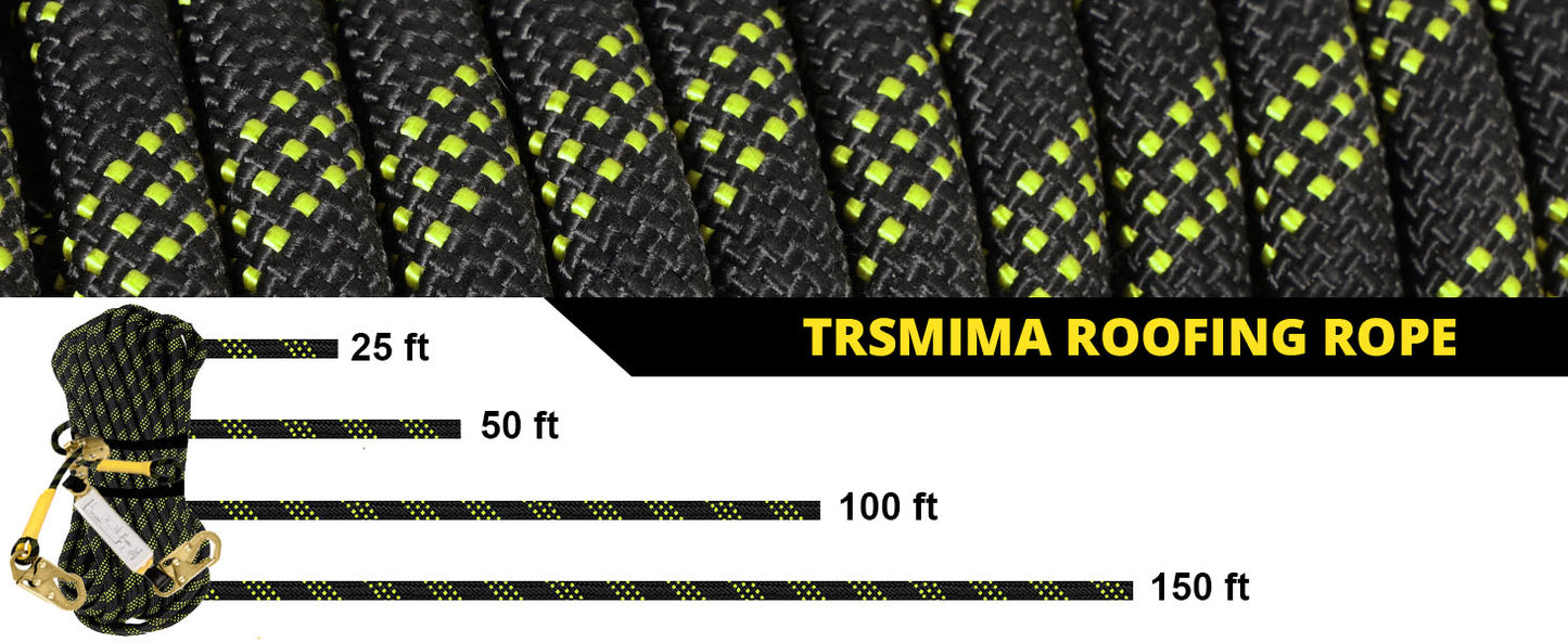 TRSMIMA Rope Harness Safety Lanyard：25ft/50ft/100ft/150ft  Vertical Roofing Rope With Grab Snap Hooks Shock Absorber - Fall Protection Tree Climbing Line Kit Heavy Duty Roof Safety Equipment ANSI CE