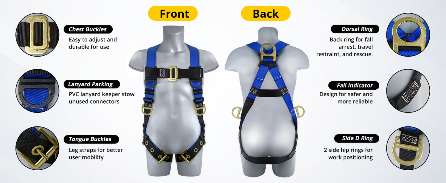 TRSMIMA Safety Harness Fall Protection - Men Construction Full Body Harness Kit for Work with Shock Absorbing Lanyard Tongue Buckle OSHA/ANSI