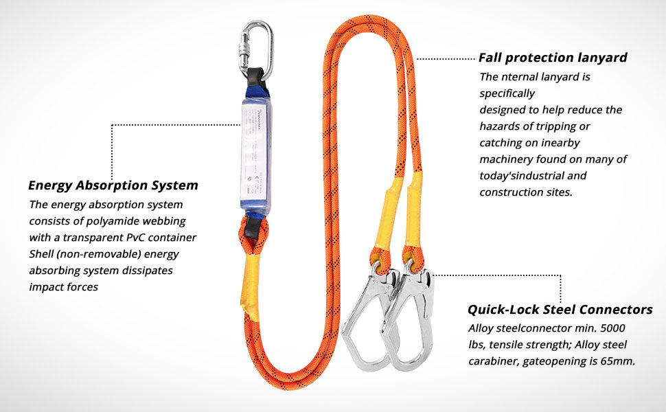 Safety Harness Fall Protection Kit: Full Body Roofing harnesses with Shock Absorbing Lanyard - Updated Comfortable Waist Pad