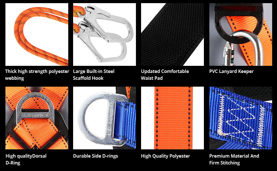 Safety Harness Fall Protection Kit: Full Body Roofing harnesses with Shock Absorbing Lanyard - Updated Comfortable Waist Pad