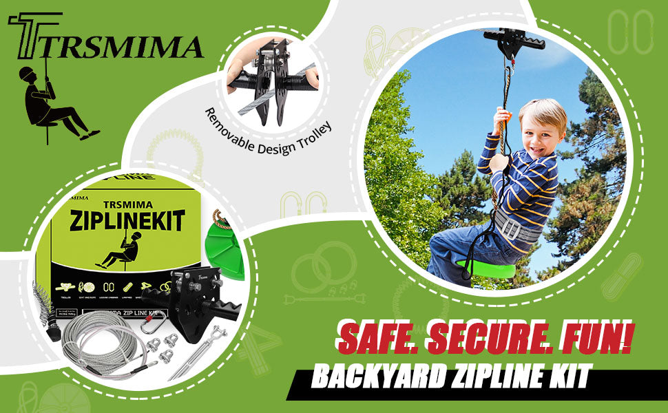 100 ft /120 ft /150 ft/180ft Zip Line Kit for Kids and Adult Up to 380 lb - Updated Removable Design Trolley and Thickened Seat, Rust Proof W/ Safety Harness - Zipline Kits for Backyard