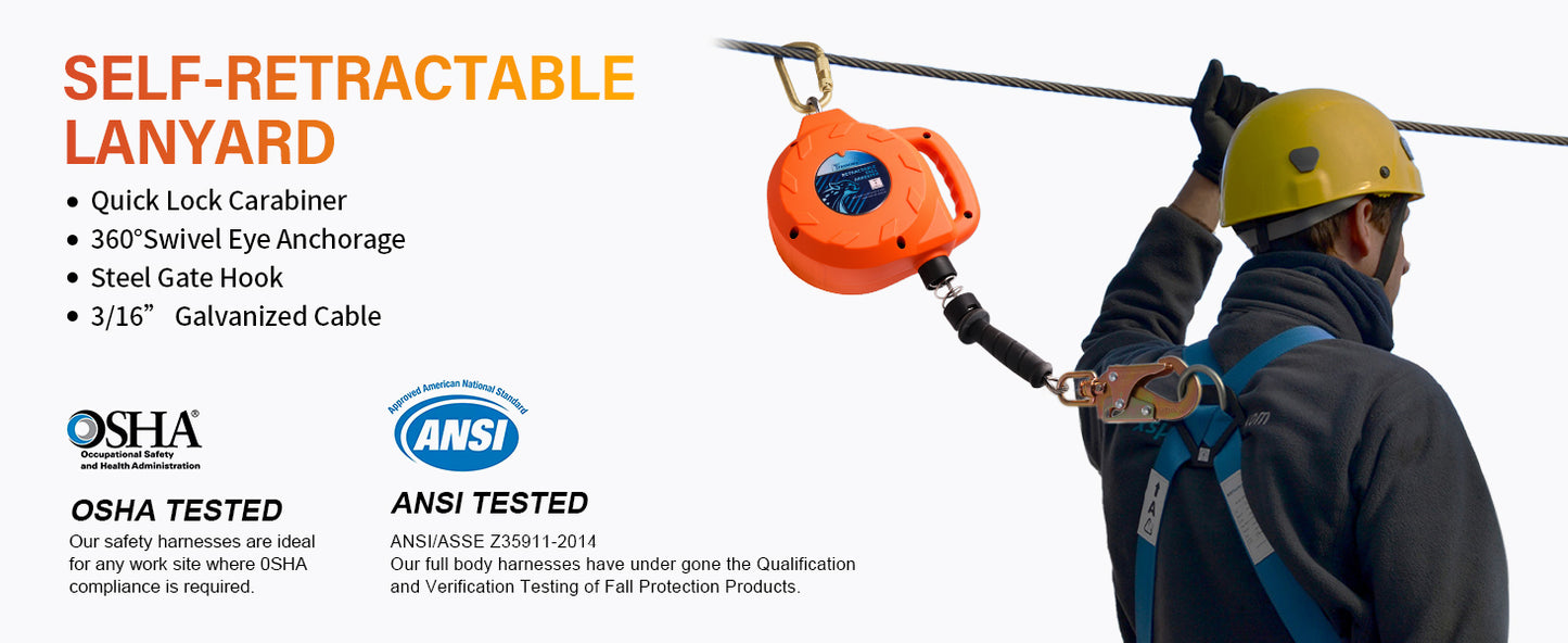 TRSMIMA Fall Protection Retractable Lanyard - 20ft/30ft Self-Retracting Fall Arrest Safety Construction Roofing Galvanized Steel Cable Swivel Top