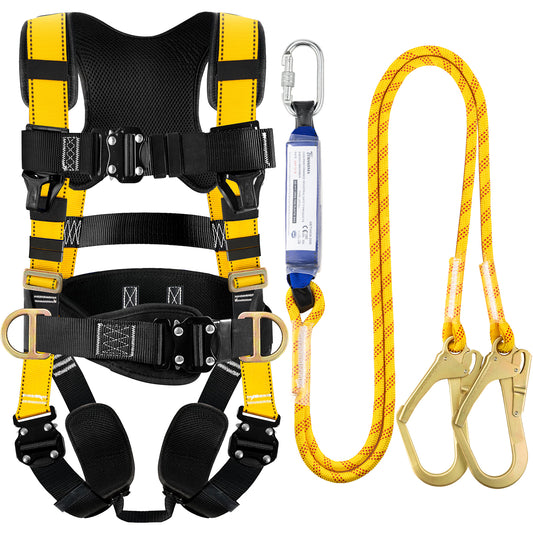 TRSMIMA Safety Harness Fall Protection - Roofing Harness Kit Men Full Body Construction Harness with Lanyard for Work Upgrade 4 Quick Buckles Yellow