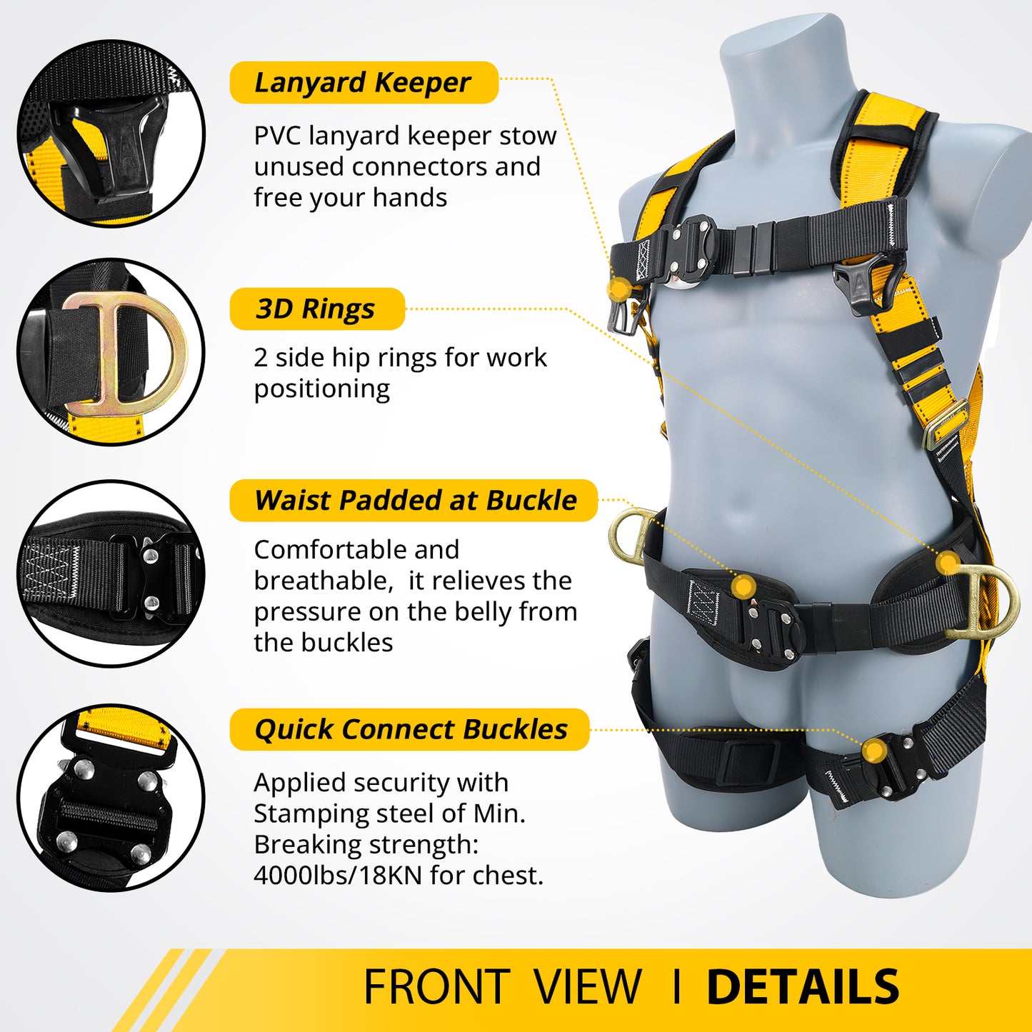TRSMIMA Safety Harness Fall Protection - Roofing Harness Kit Men Full Body Construction Harness with Lanyard for Work Upgrade 4 Quick Buckles Yellow