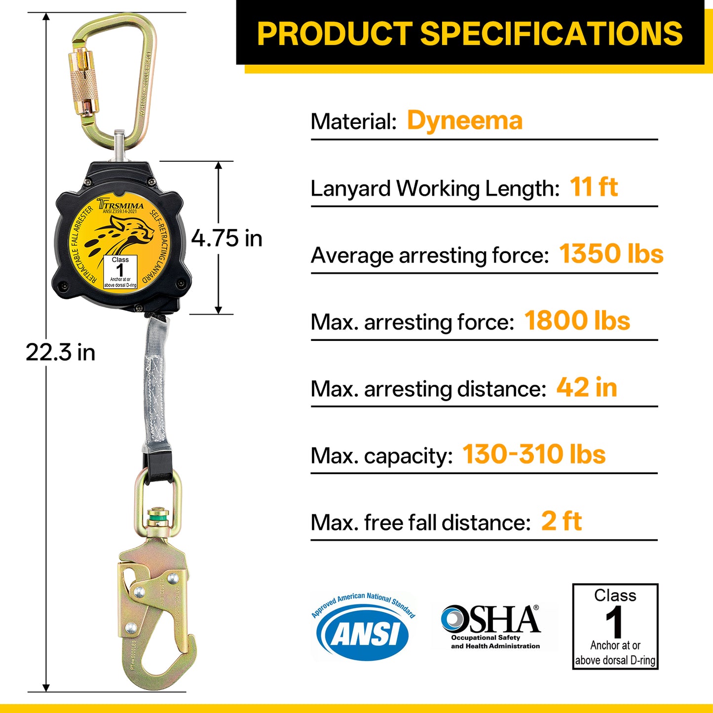 TRSMIMA Retractable Lanyard Fall Protection - 11FT Webbing Self Retracting Lifeline Fall Arrest YoYo Class 1 SRL ANSI