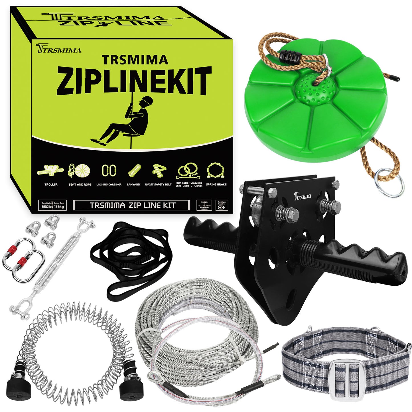 100 ft /120 ft /150 ft/180ft Zip Line Kit for Kids and Adult Up to 380 lb - Updated Removable Design Trolley and Thickened Seat, Rust Proof W/ Safety Harness - Zipline Kits for Backyard