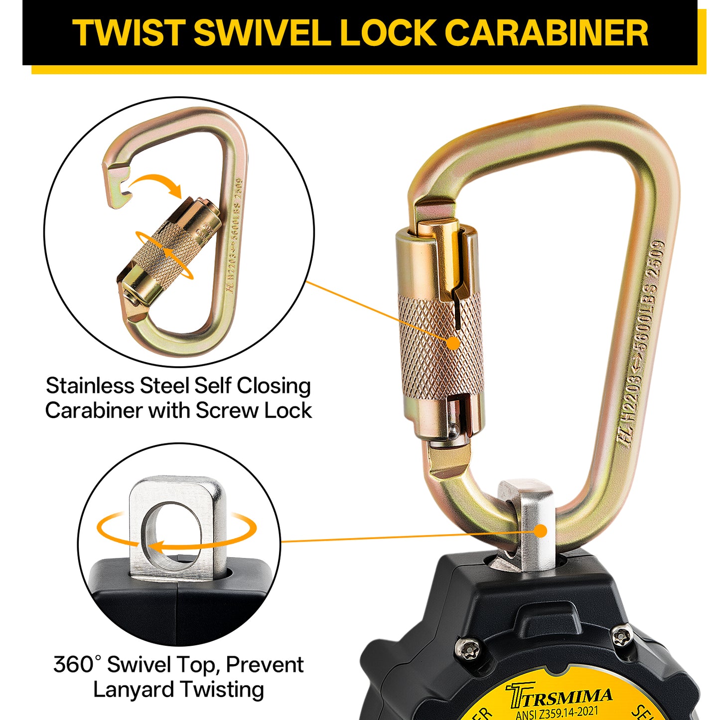 TRSMIMA Retractable Lanyard Fall Protection: 6FT Webbing Self Retracting SRL Fall Arrest for Safety Harness Construction Workers