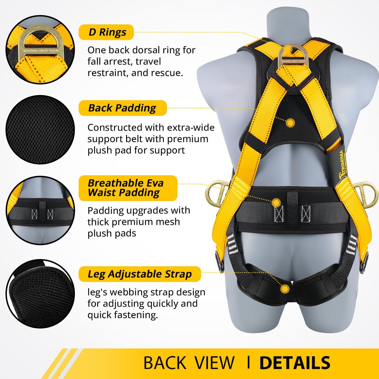 TRSMIMA Safety Harness Fall Protection - Roofing Harness Kit Men Full Body Construction Harness with Lanyard for Work Upgrade 4 Quick Buckles Yellow