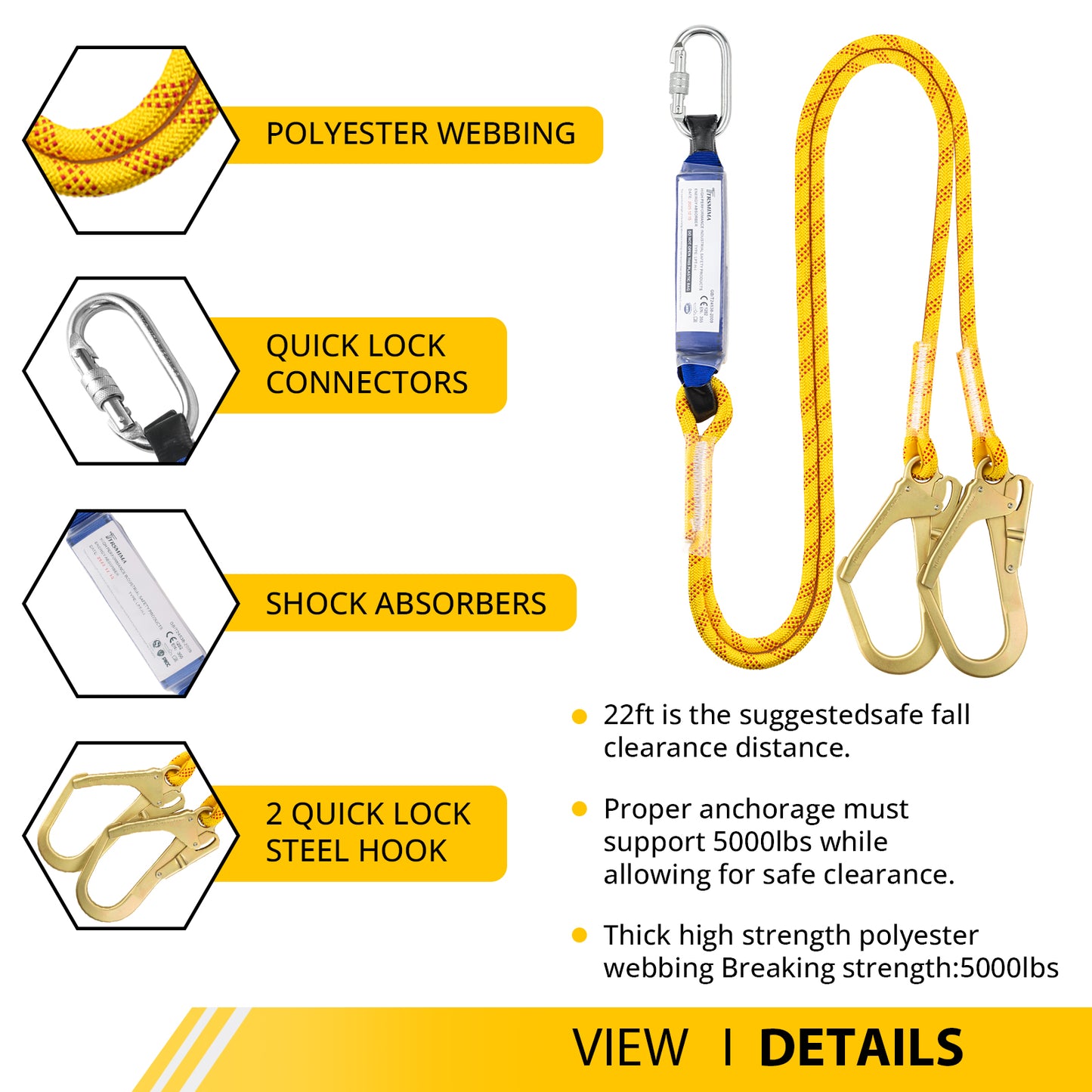 TRSMIMA Safety Harness Fall Protection - Roofing Harness Kit Men Full Body Construction Harness with Lanyard for Work Upgrade 4 Quick Buckles Yellow