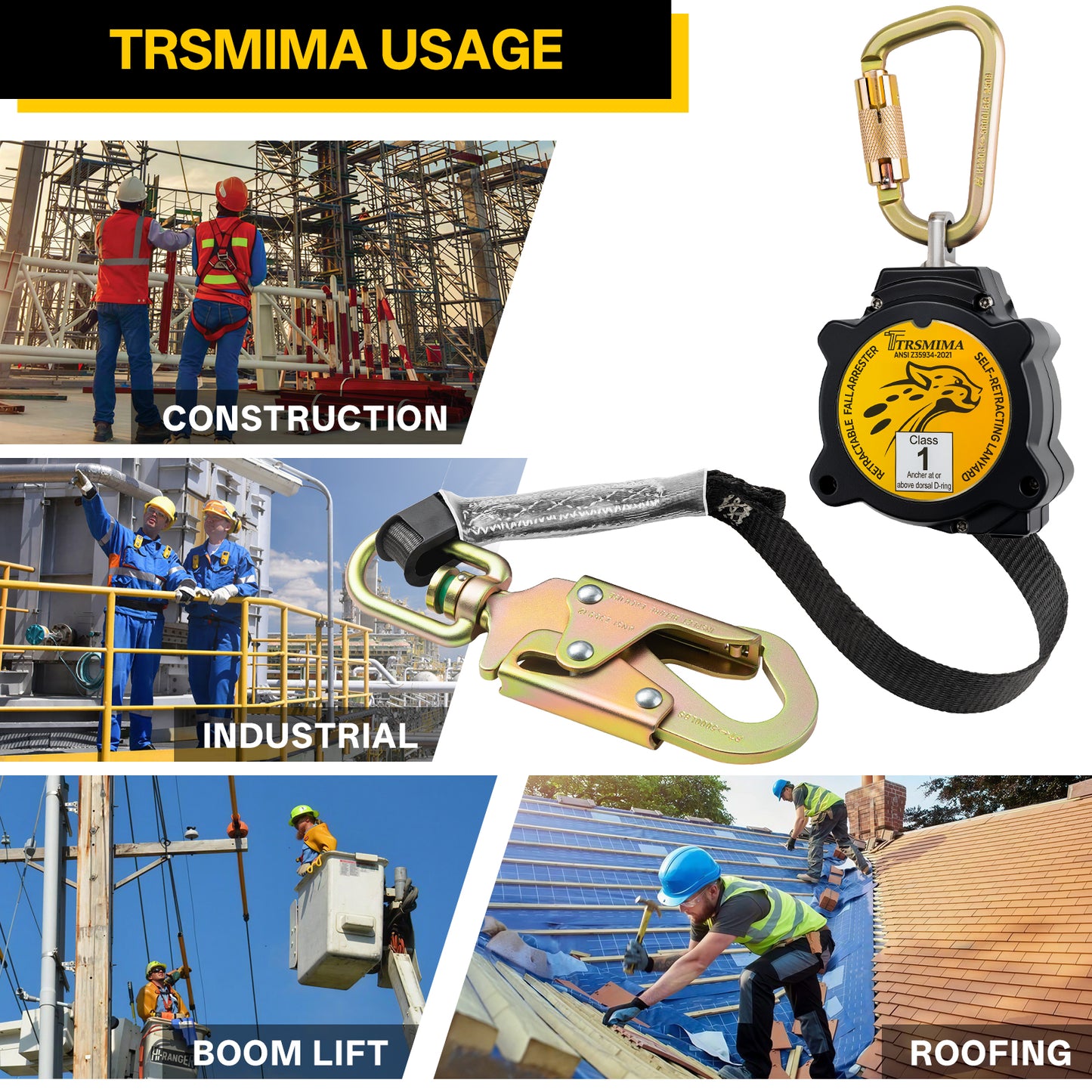 TRSMIMA Retractable Lanyard Fall Protection - 11FT Webbing Self Retracting Lifeline Fall Arrest YoYo Class 1 SRL ANSI