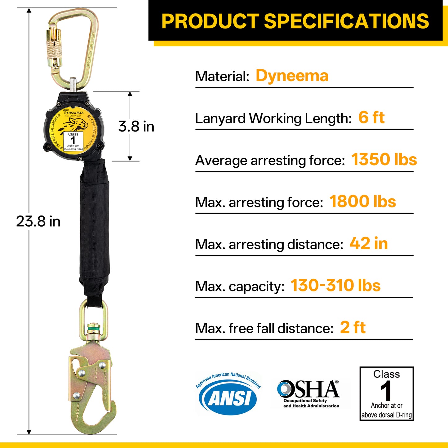 TRSMIMA Retractable Lanyard Fall Protection: 6FT Webbing Self Retracting SRL Fall Arrest for Safety Harness Construction Workers